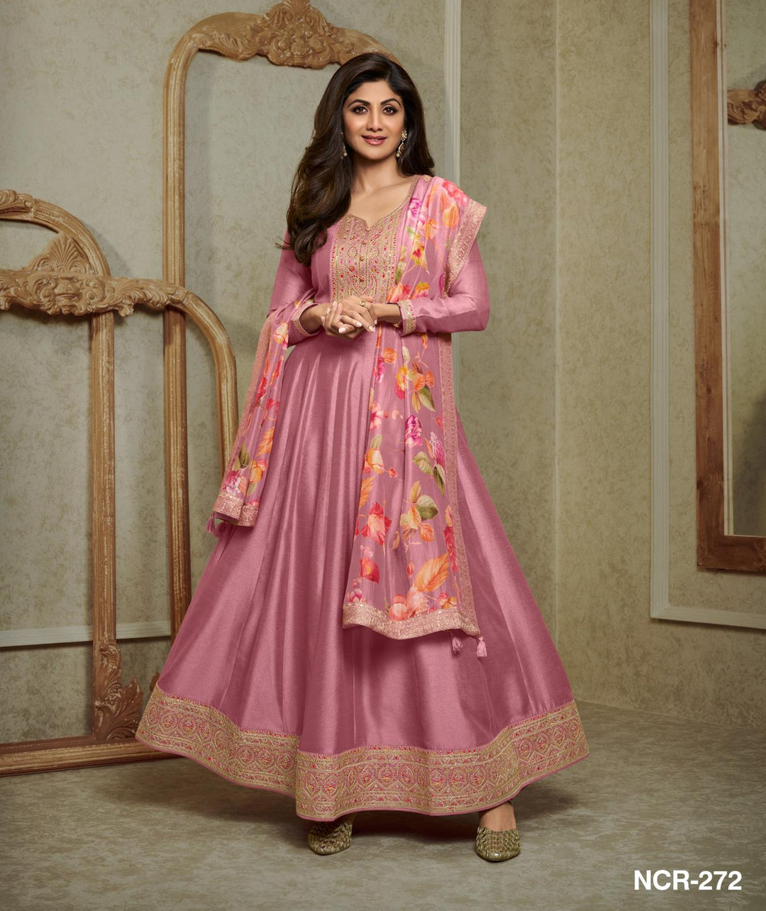 Nisa - Olive silk embroidered anarkali - 2 Pcs