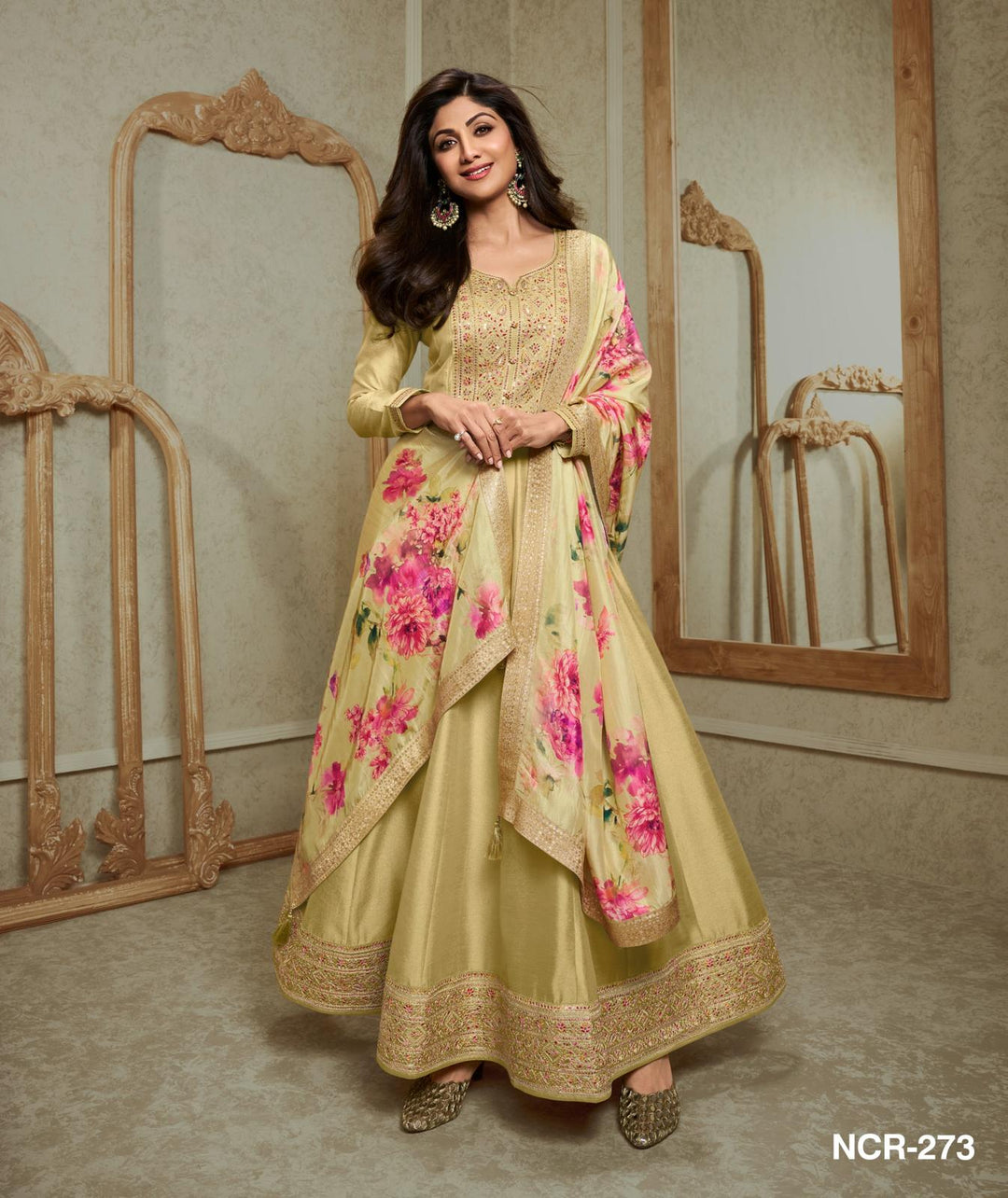Nisa - Olive silk embroidered anarkali - 2 Pcs