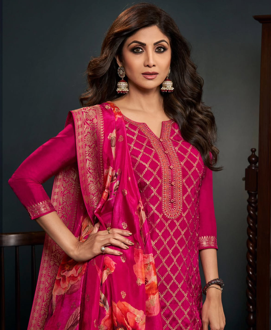 Aleena - Cerise Pink Pure Viscose Dola with Embroidery Work & Digital Print Scarf - 3 Pcs