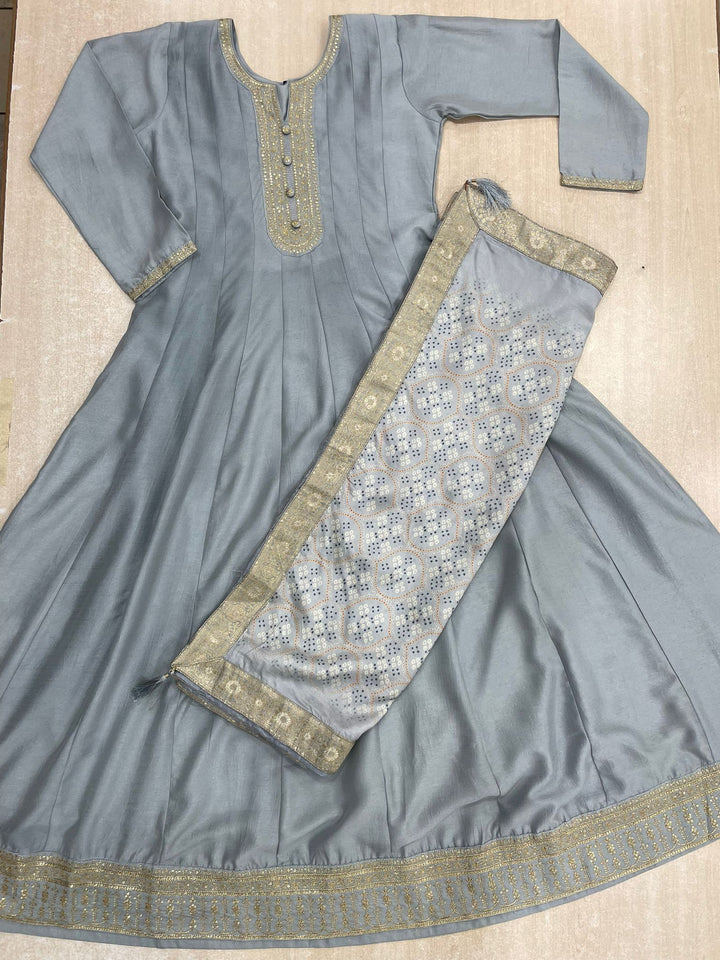 Aasma - Grey Bhagalpuri Silk Frock with Digital Print Dupatta - 2pcs