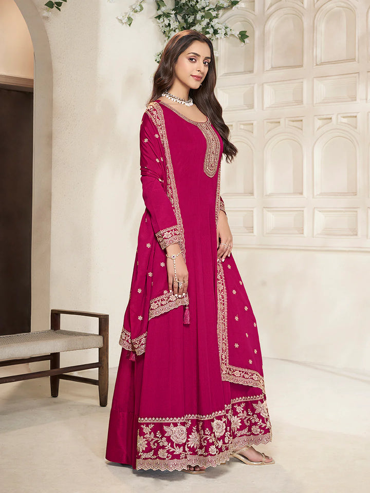 Nureh – Pink Chinon Embroidered Anarkali Suit with Scalloped Dupatta - 2pcs