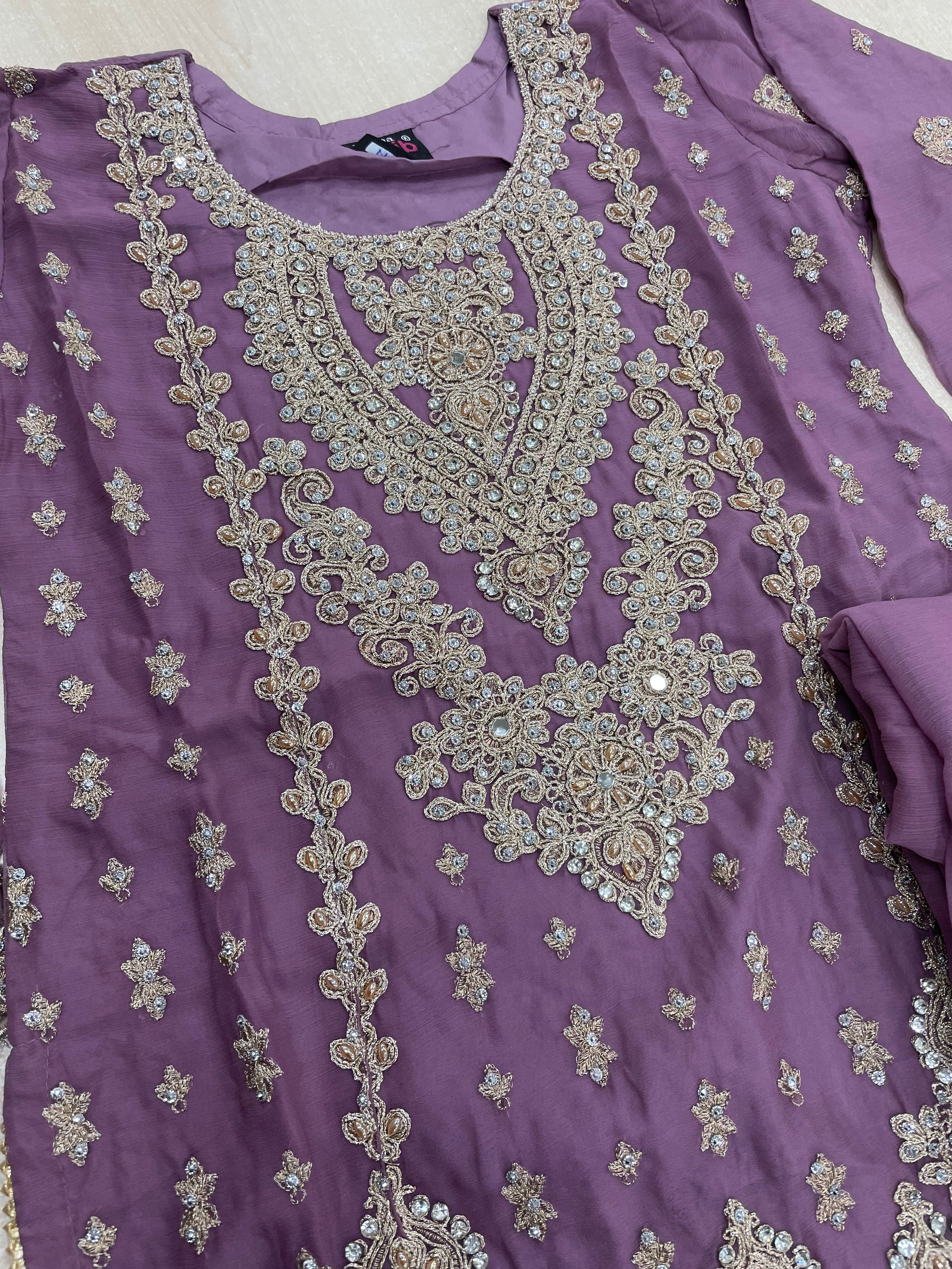 Lavender embroidered Plazo - Rose Gold Embroidered & Gem work - 3Pcs