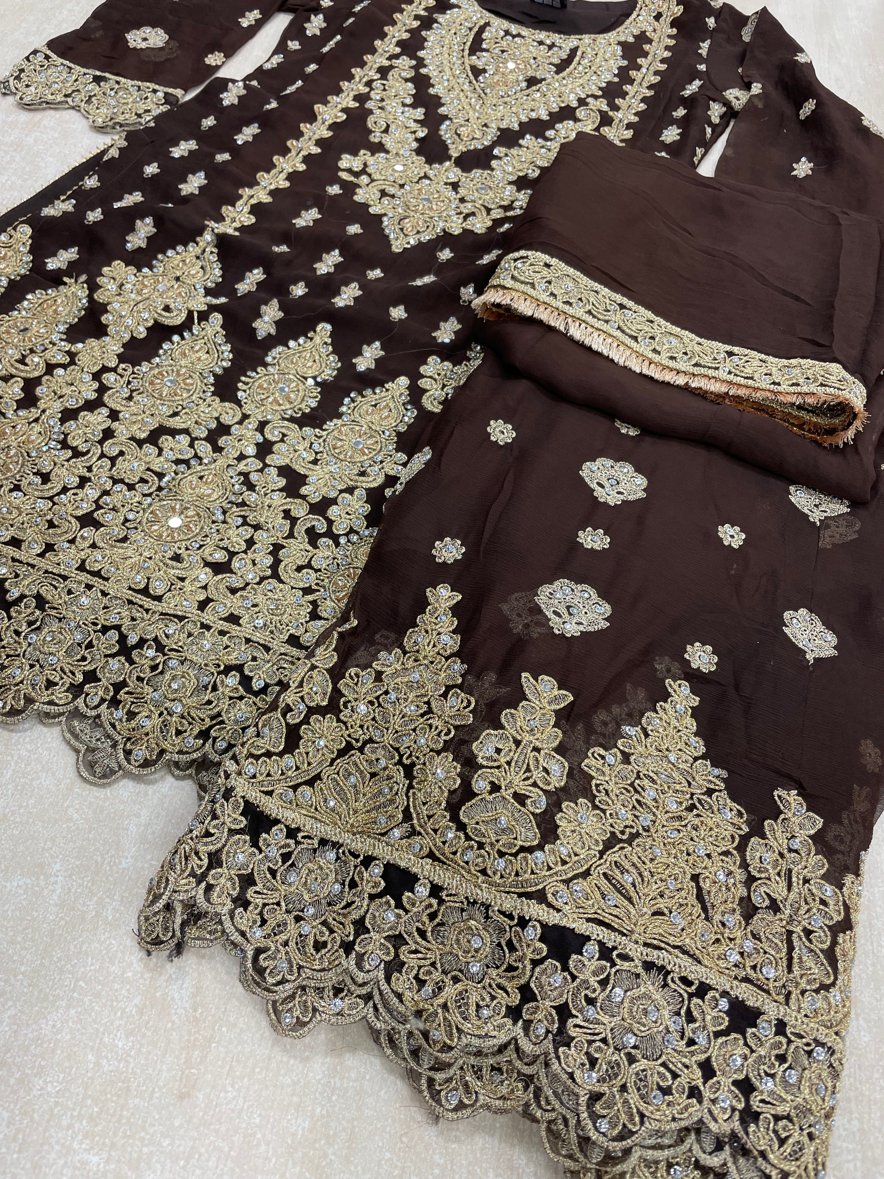 Brown embroidered Plazo - Gold Embroidered & Gem work - 3Pcs