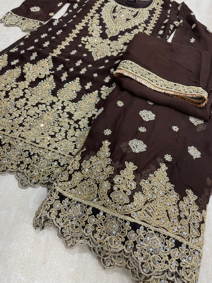 Aisha - Brown embroidered Plazo - Gold Embroidered & Gem work - 3Pcs