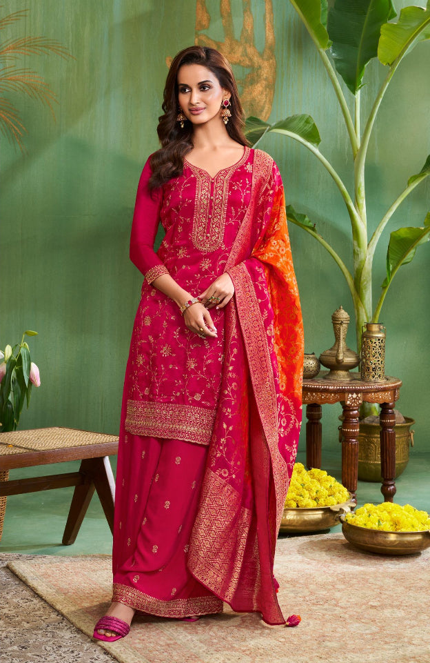 Aleeza – Cerise Pink Pure Silk Embroidered Set with Jacquard Dupatta - 3pcs