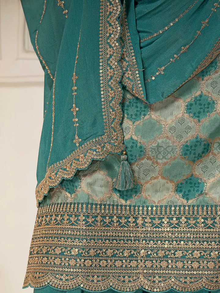 Abeer – Pastel Teal Green Dola Silk Printed Kurta with Sequinned Plazo Dupatta – 3 Pcs