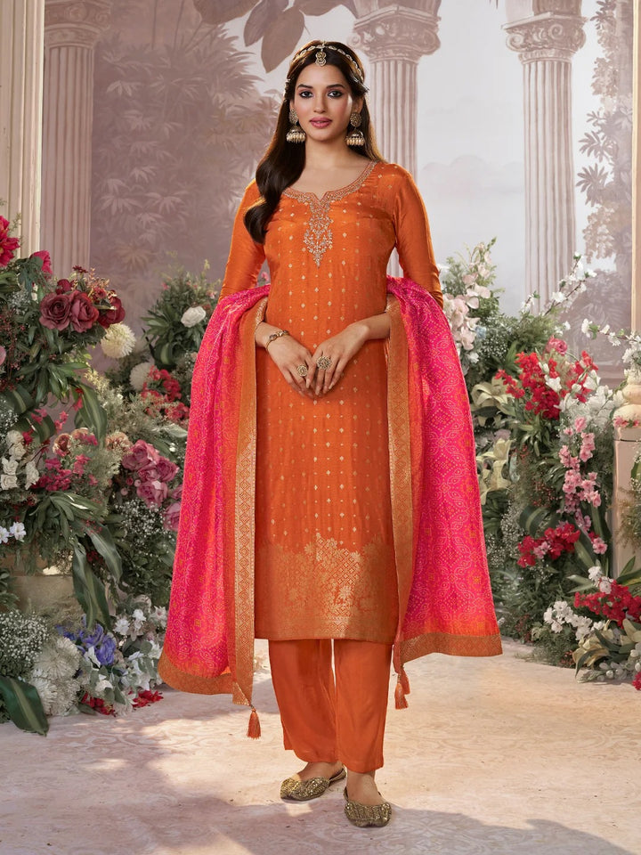 Kiran – Orange Dola Silk Kurta Set with Jacquard Detailing and Intricate Embroidery, Paired with a Cherry Silk Dupatta – 3 Pcs