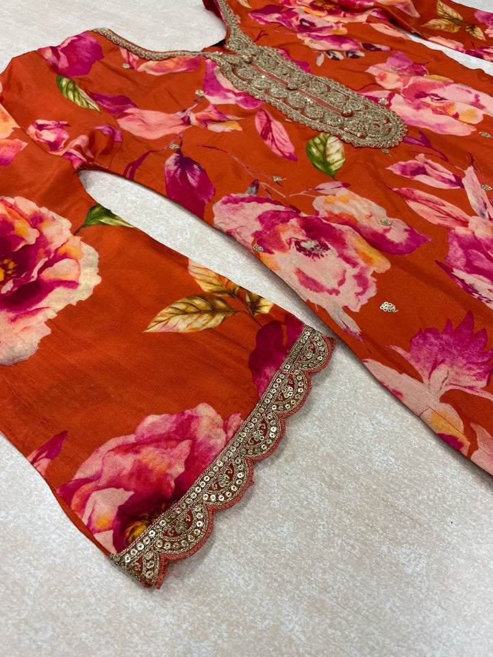 Nura - Burnt Orange - Pure Silk Printed Plazo Kameez with Georgette Dupatta - Co-ord - 3pcs