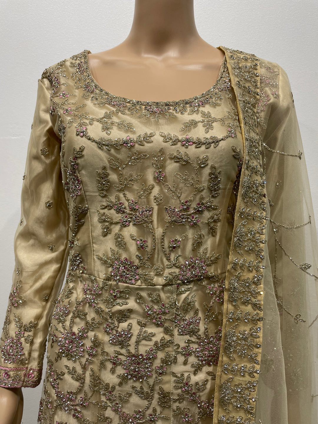 Safiya - Champagne Gold Heavy Embroidered Net Gown with Net Scarf - 3pcs