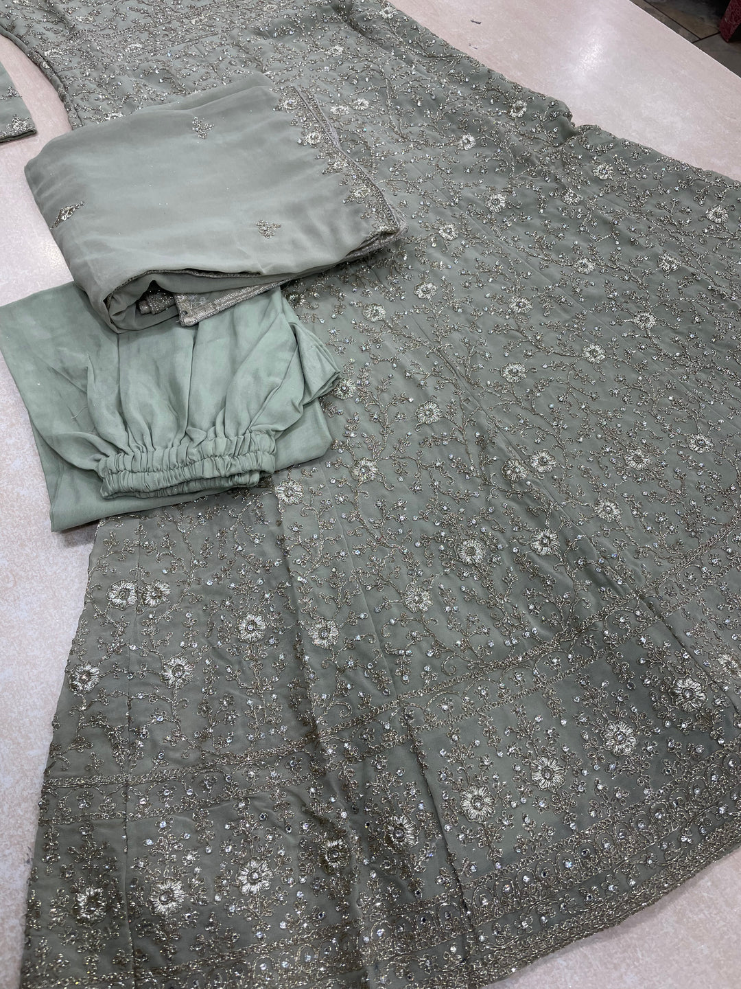 Amani - Sage Green Heavy Embroidered Chiffon Gown - White Gold Embroidery - 3pcs