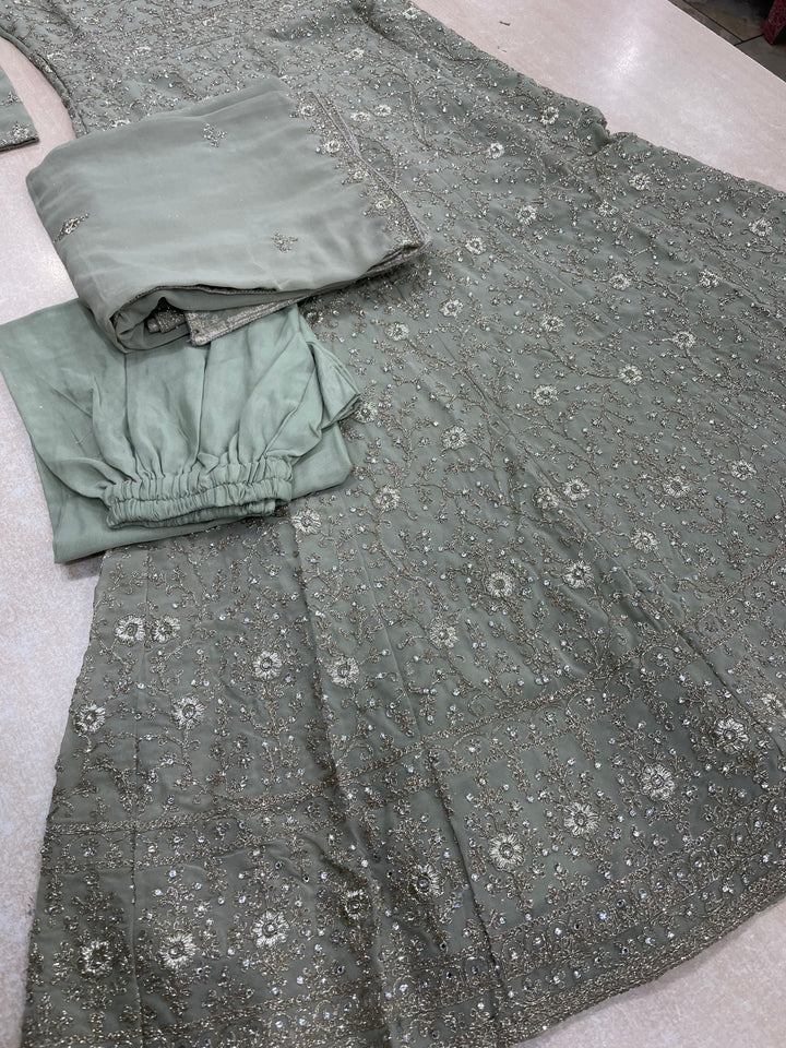 Amani - Sage Green Heavy Embroidered Chiffon Gown - White Gold Embroidery - 3pcs