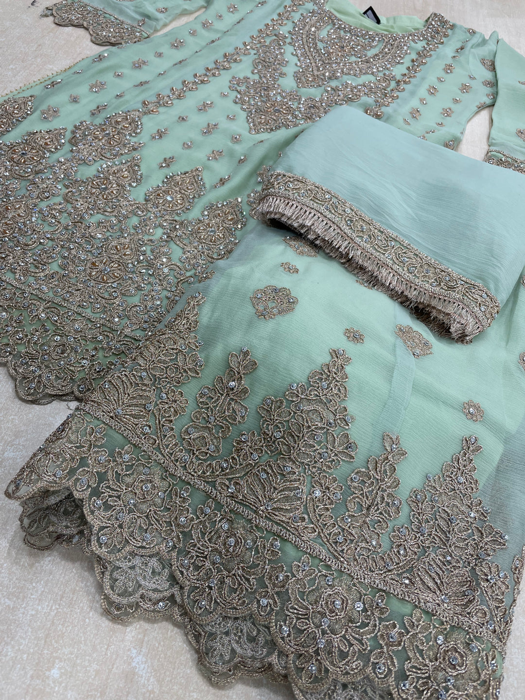 Aisha - Mint Green embroidered Plazo - Rose Gold Embroidered & Gem work - 3Pcs