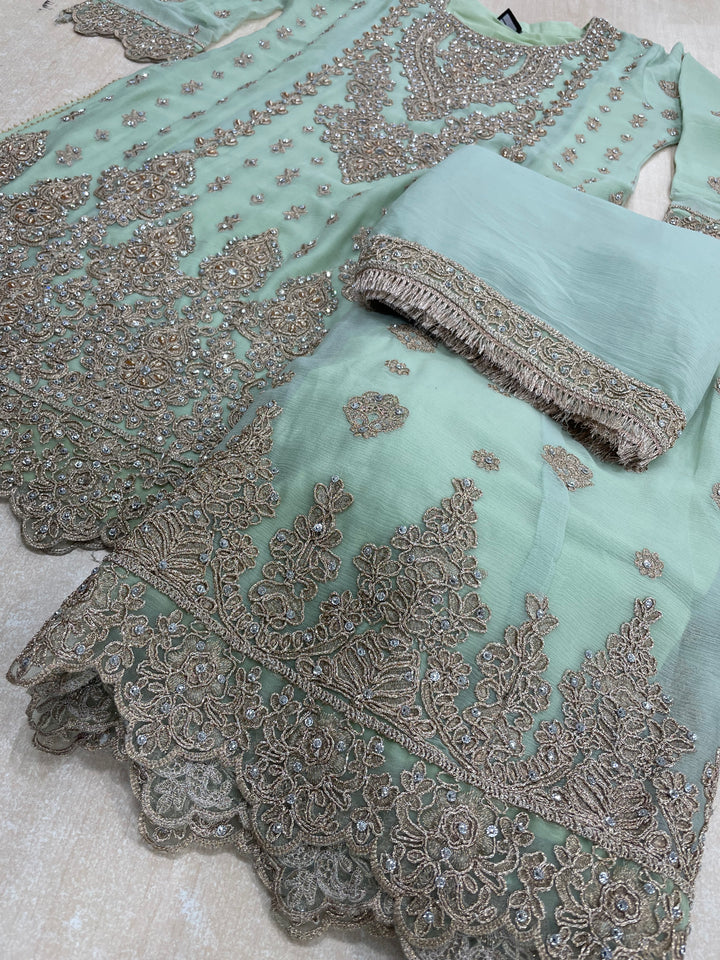 Aisha - Mint Green embroidered Plazo - Rose Gold Embroidered & Gem work - 3Pcs