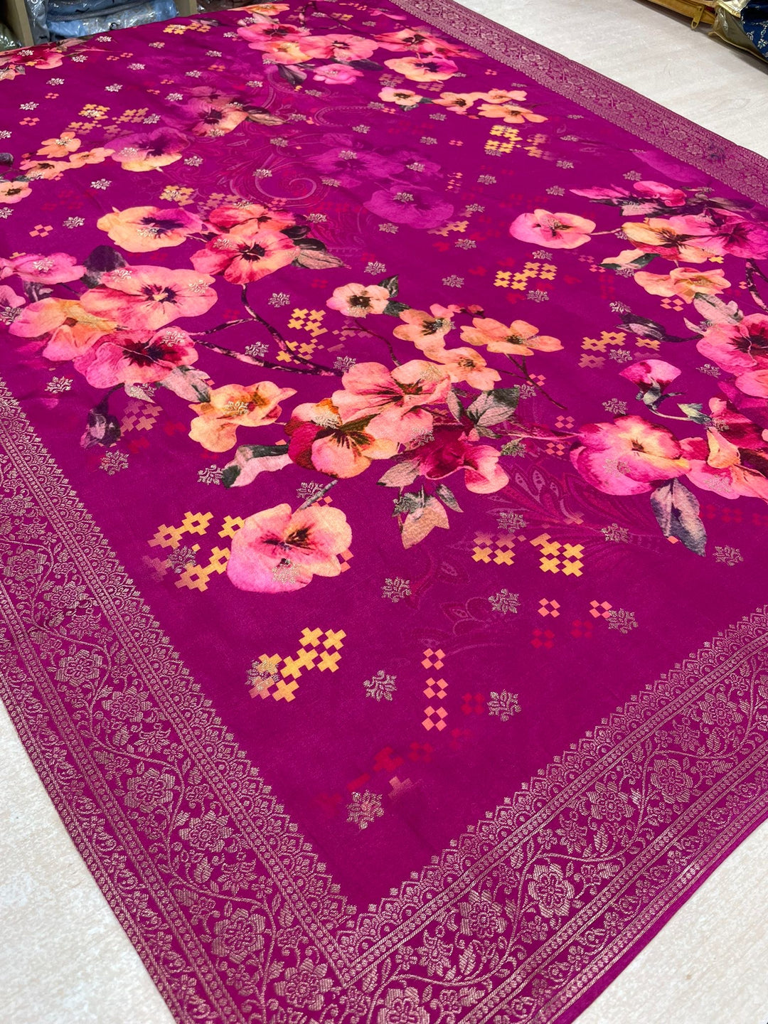 Aleena - Fuchsia Pure Viscose Dola with Embroidery Work & Digital Print Scarf - 3 Pcs