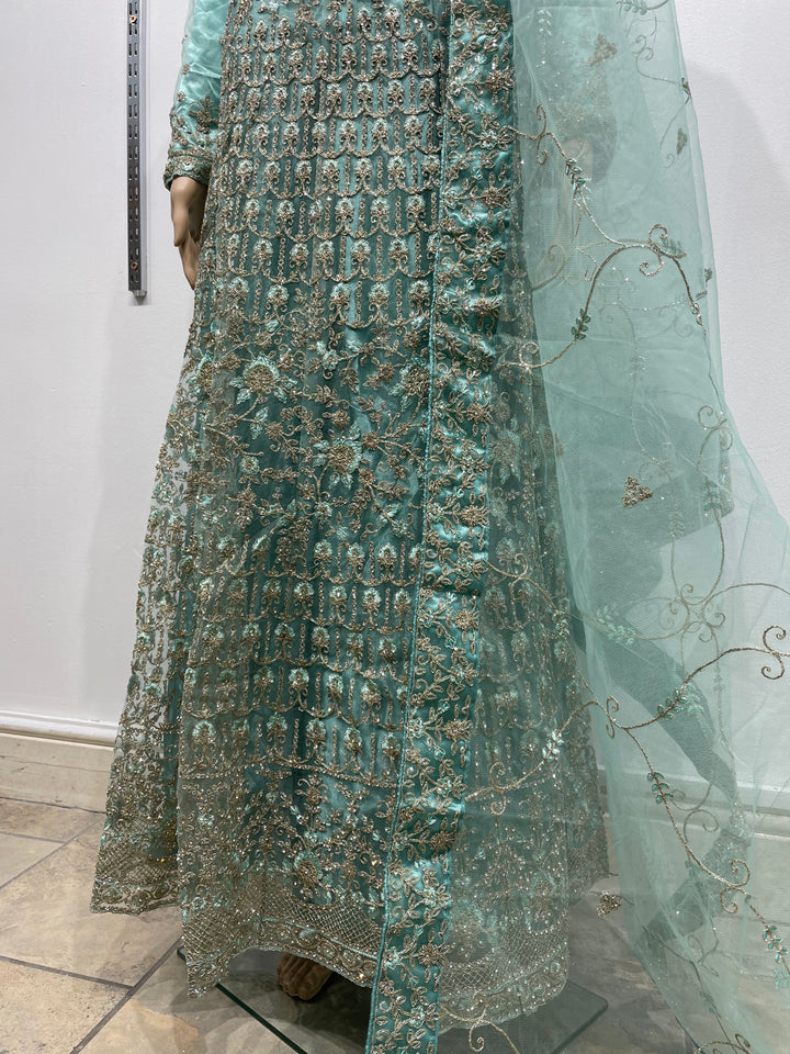 Yusra - Turquoise Heavy Embroidered Net Party Gown with White Gold Embroidered - 3pcs