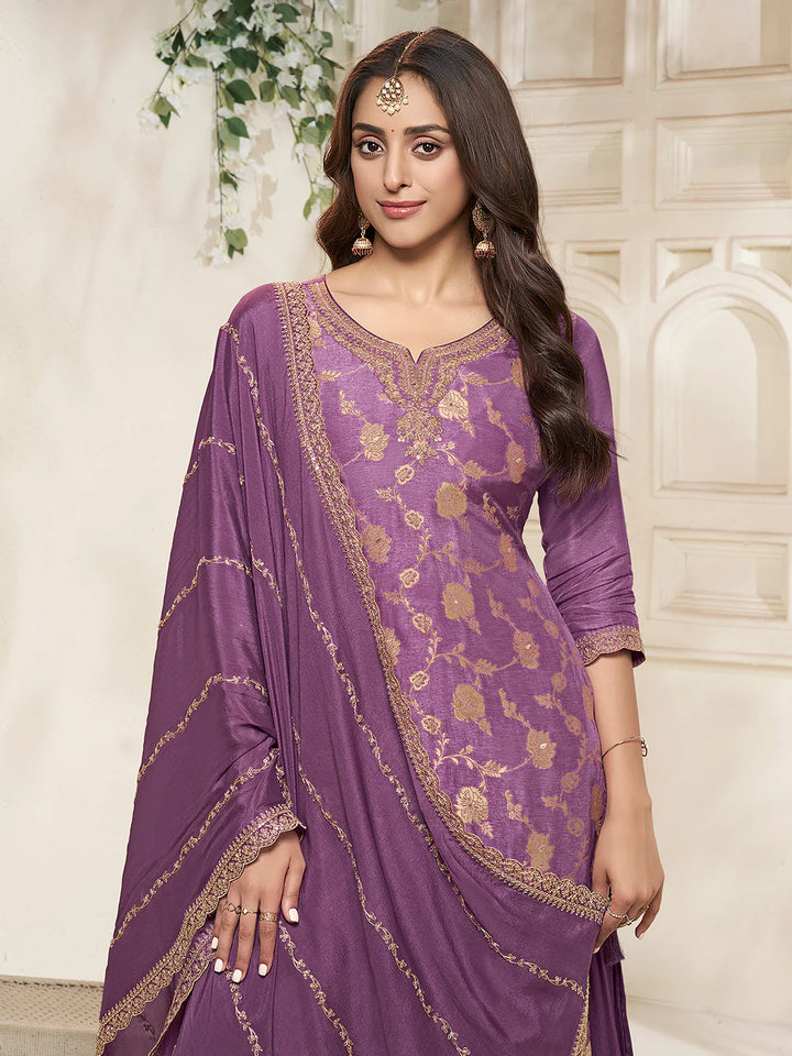 Sareen – Lavender Dola Silk Embroidered Straight Kurta with Sequinned plazo Dupatta – 3 Pcs