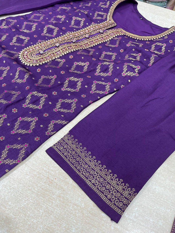 Aleena - Purple Pure Viscose Dola with Embroidery Work & Digital Print Scarf - 3 Pcs