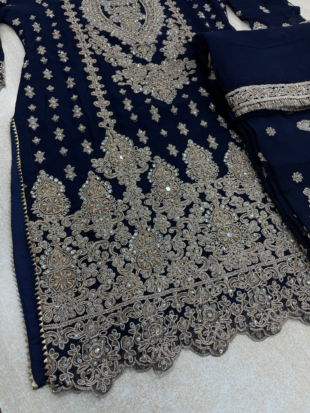 Aisha - Navy Blue embroidered Plazo - Rose Gold Embroidered & Gem work - 3Pcs