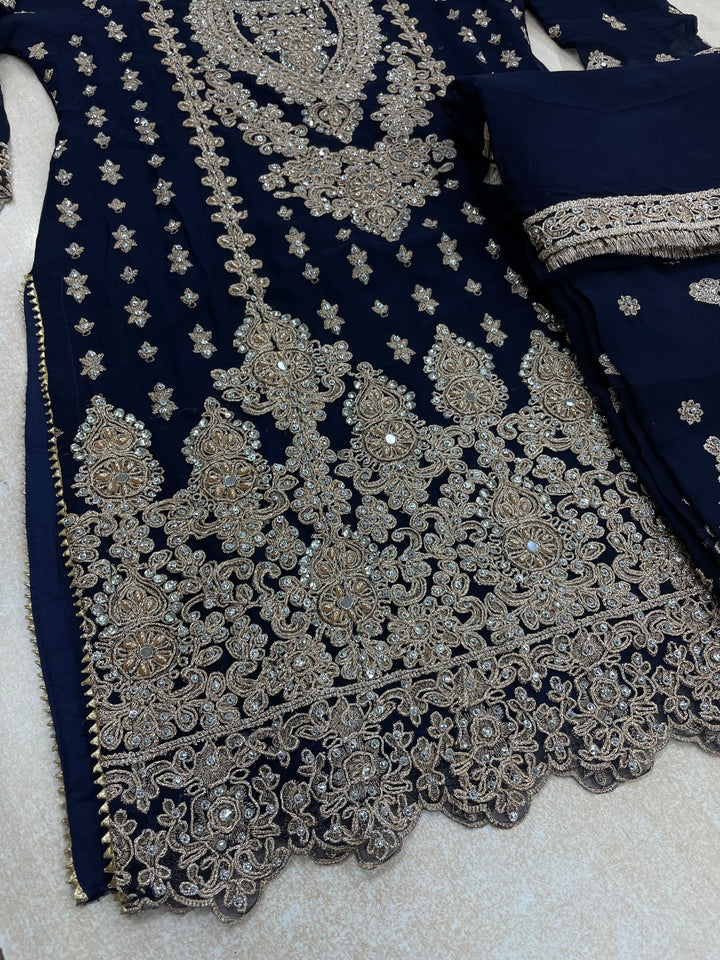Aisha - Navy Blue embroidered Plazo - Rose Gold Embroidered & Gem work - 3Pcs
