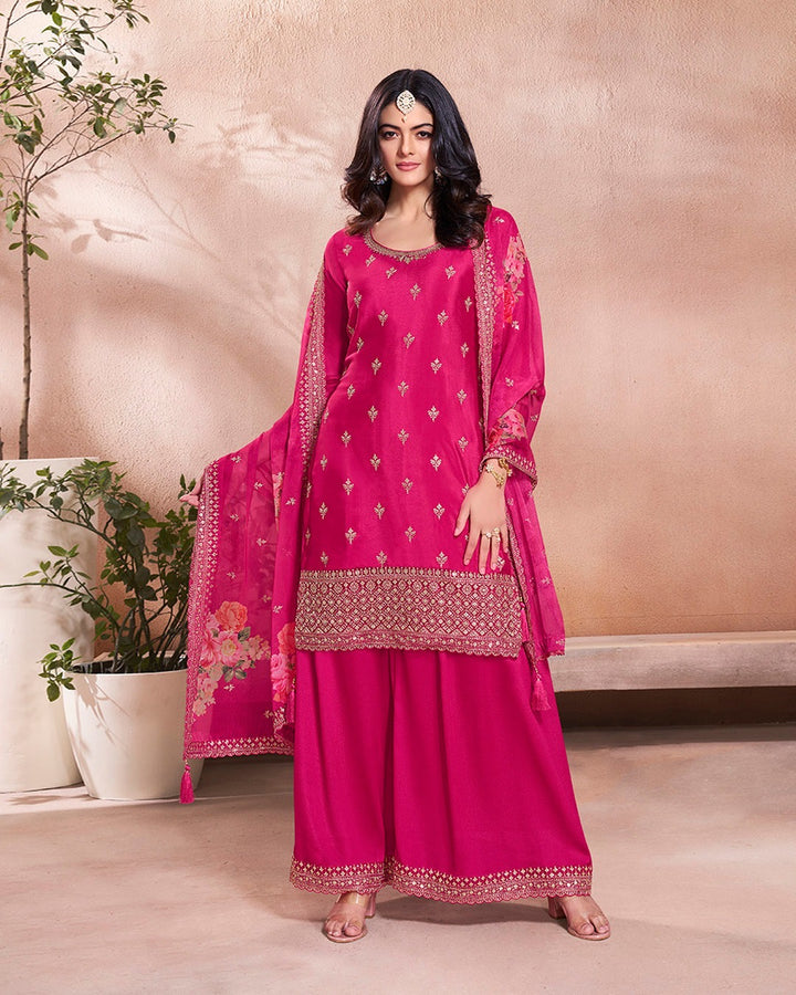 Mahira – Cerise Pink Sequins Embroidered Kurti Plazo Set with Digital Floral Dupatta – 3 Pcs