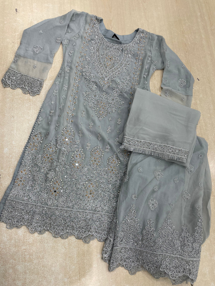 Aisha - Grey embroidered Plazo - Silver/Rose Gold Embroidered & Gem work - 3Pcs
