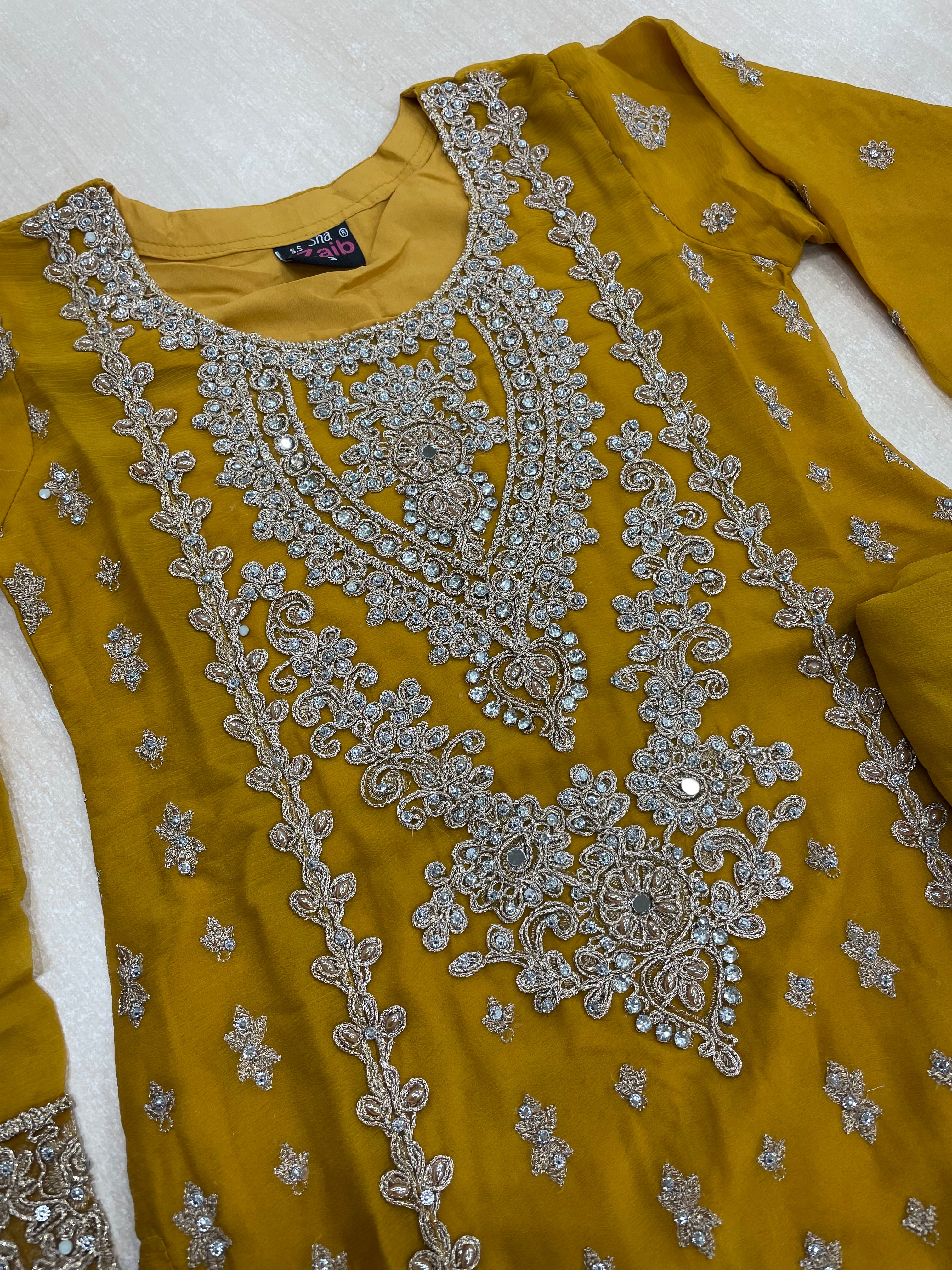 Mustard embroidered Plazo - Rose Gold Embroidered & Gem work - 3Pcs