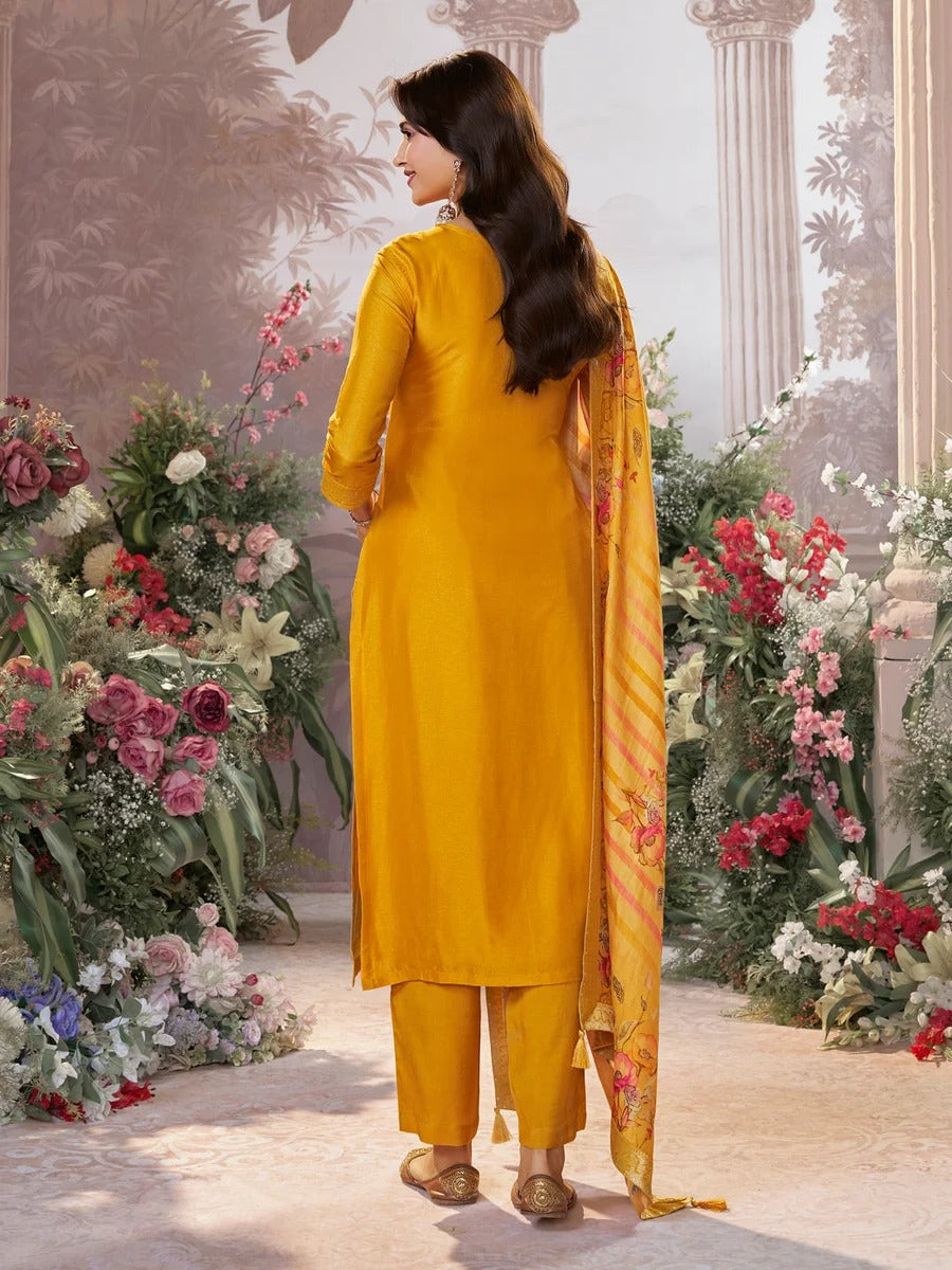 Kiran – Yellow Dola Silk Kurta Set with Jacquard Detailing and Intricate Embroidery, Paired with a Cherry Silk Dupatta – 3 Pcs