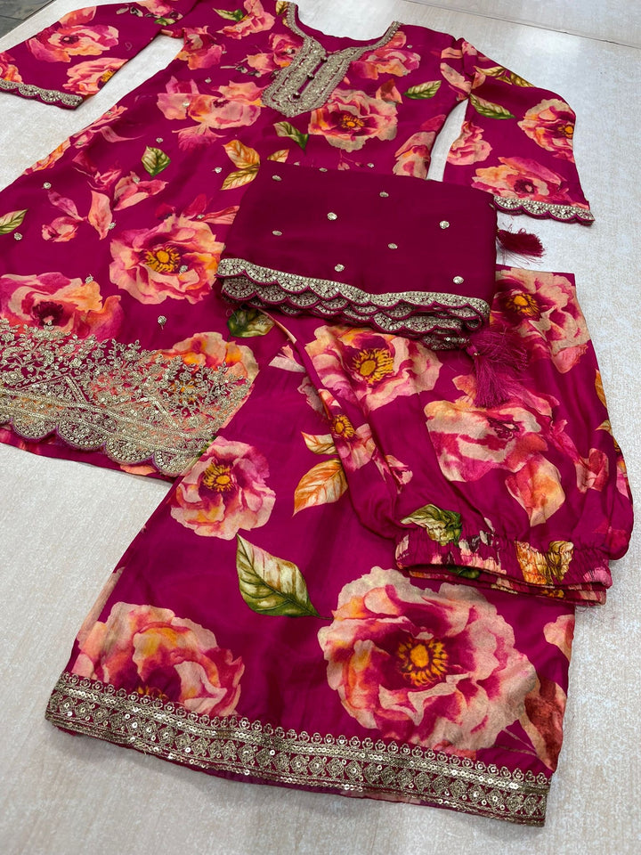 Nura - Hot Pink - Pure Silk Printed Plazo Kameez with Georgette Dupatta - Co-ord - 3pcs