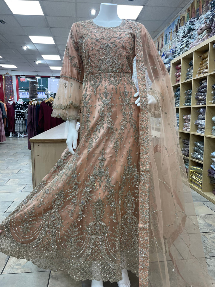 Jannah - Peach Heavy Embroidered Net Party Gown with Bell Sleeves/White Gold Embroidered - 3pcs