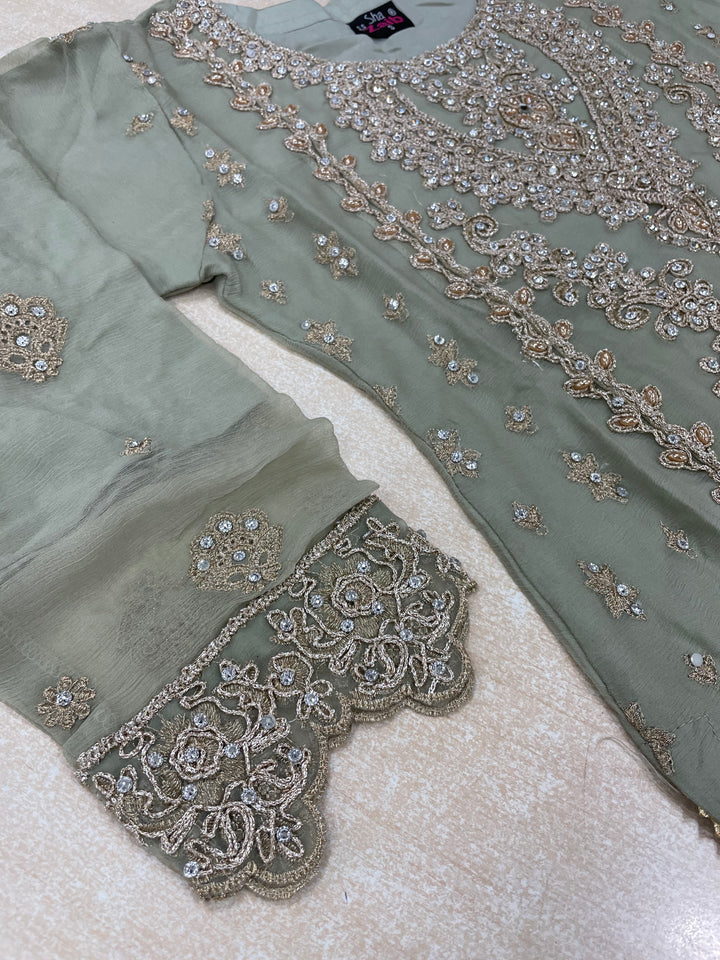 Aisha - Sage Green embroidered Plazo - Rose Gold Embroidered & Gem work - 3Pcs