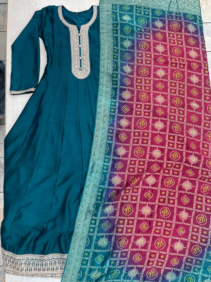 Hooriya - Teal Green Embroidered Anarkali with Jacquard Dupatta - 3 Pcs
