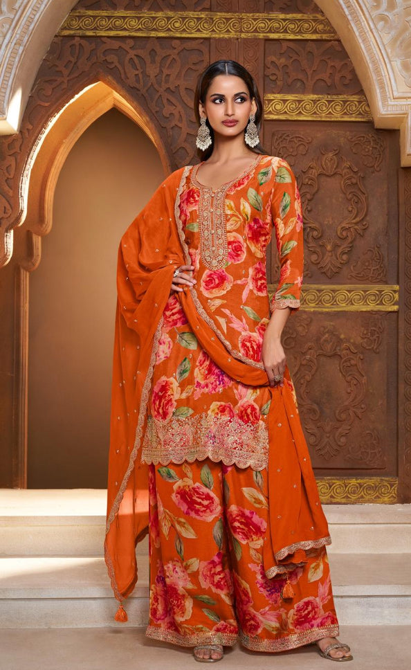 Nura - Burnt Orange - Pure Silk Printed Plazo Kameez with Georgette Dupatta - Co-ord - 3pcs