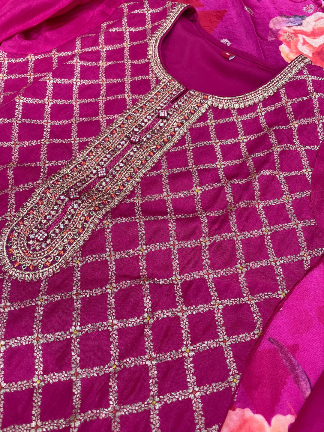 Aleena - Cerise Pink Pure Viscose Dola with Embroidery Work & Digital Print Scarf - 3 Pcs