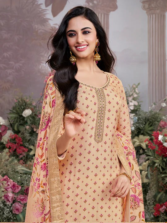 Sara – Cream Russian Silk Kurta Set with Digital Print Work Paired with Russian Silk Digital Printed Duppatta – 3 Pcs