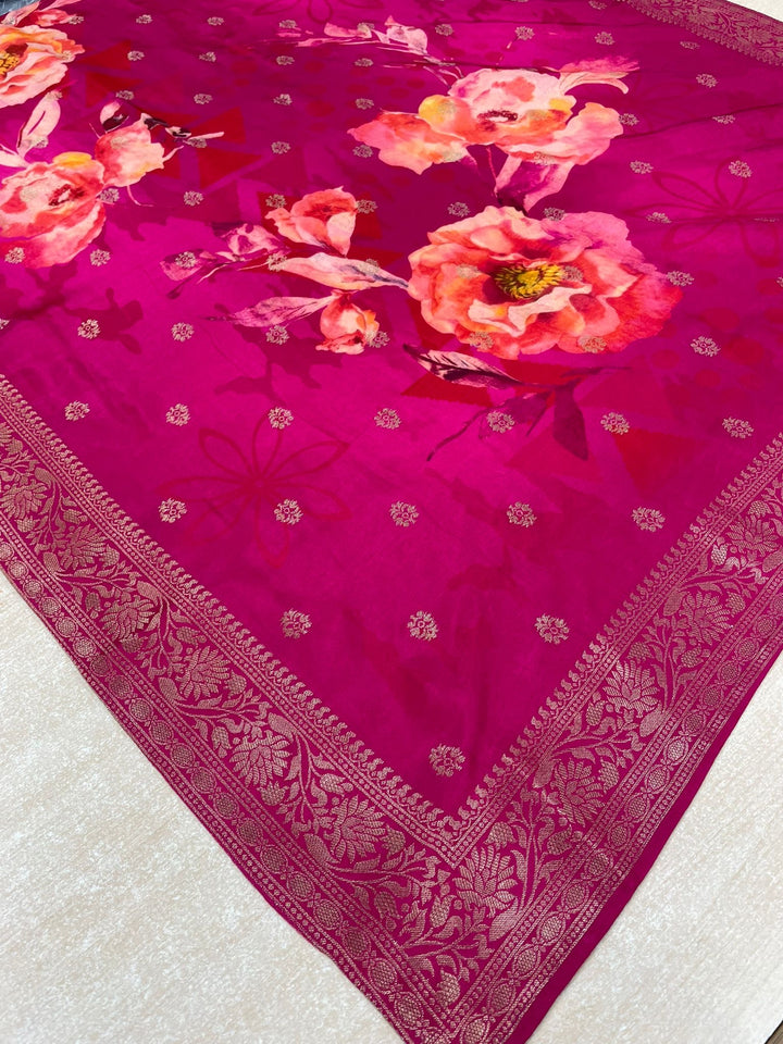 Aleena - Cerise Pink Pure Viscose Dola with Embroidery Work & Digital Print Scarf - 3 Pcs