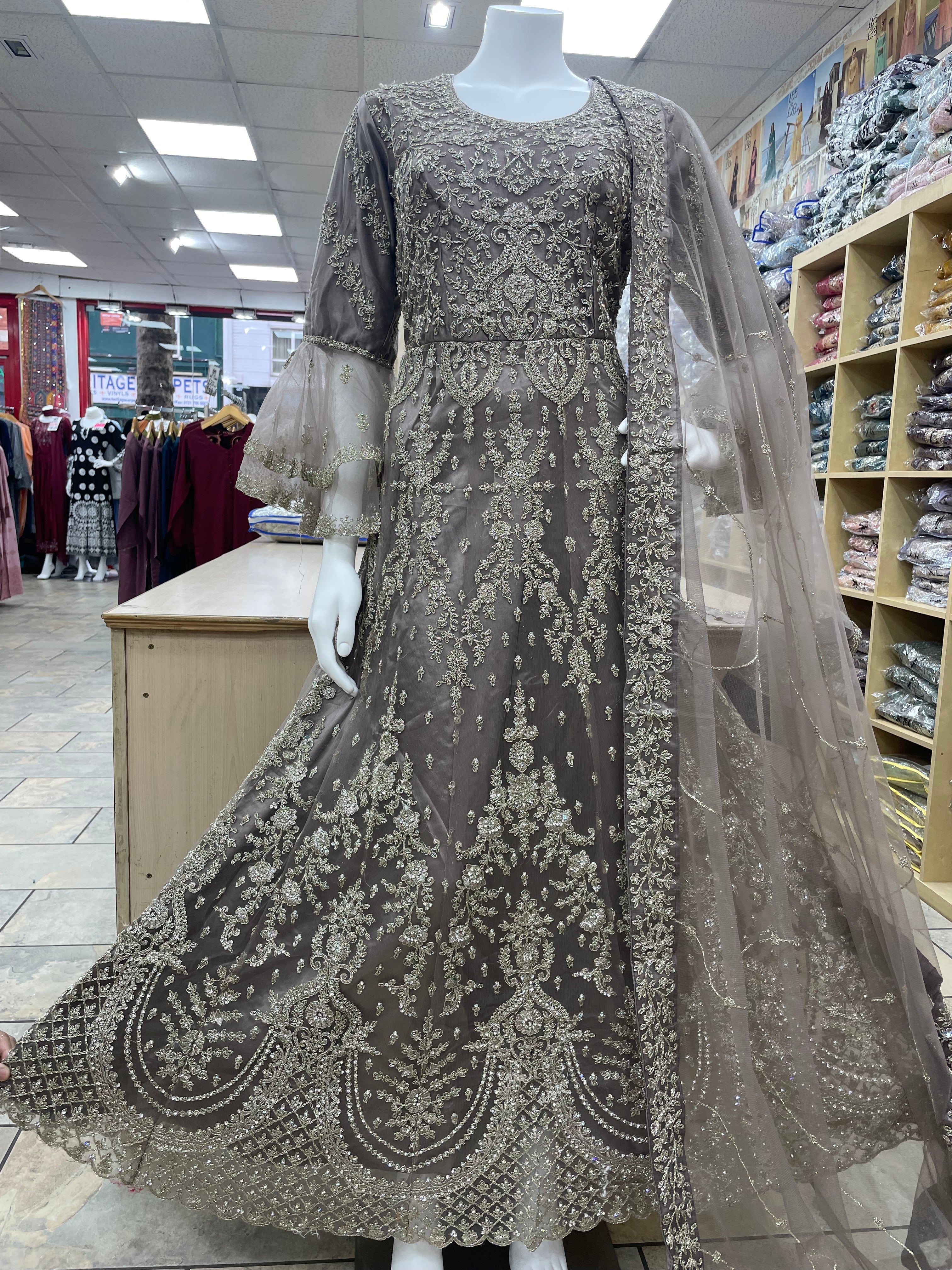 Stone Grey Heavy Embroidered Gown with Bell Sleeve