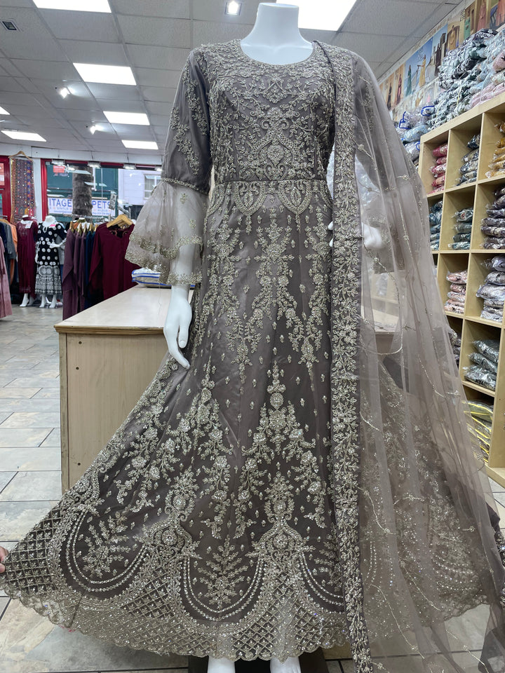 Jannah - Stone Grey Heavy Embroidered Net Party Gown with Bell Sleeves/White Gold Embroidered - 3pcs