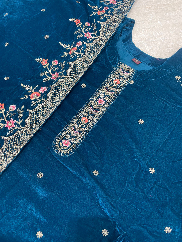 Zoya - Teal Velvet Kameez - Embroidered & Gem work - 3Pcs