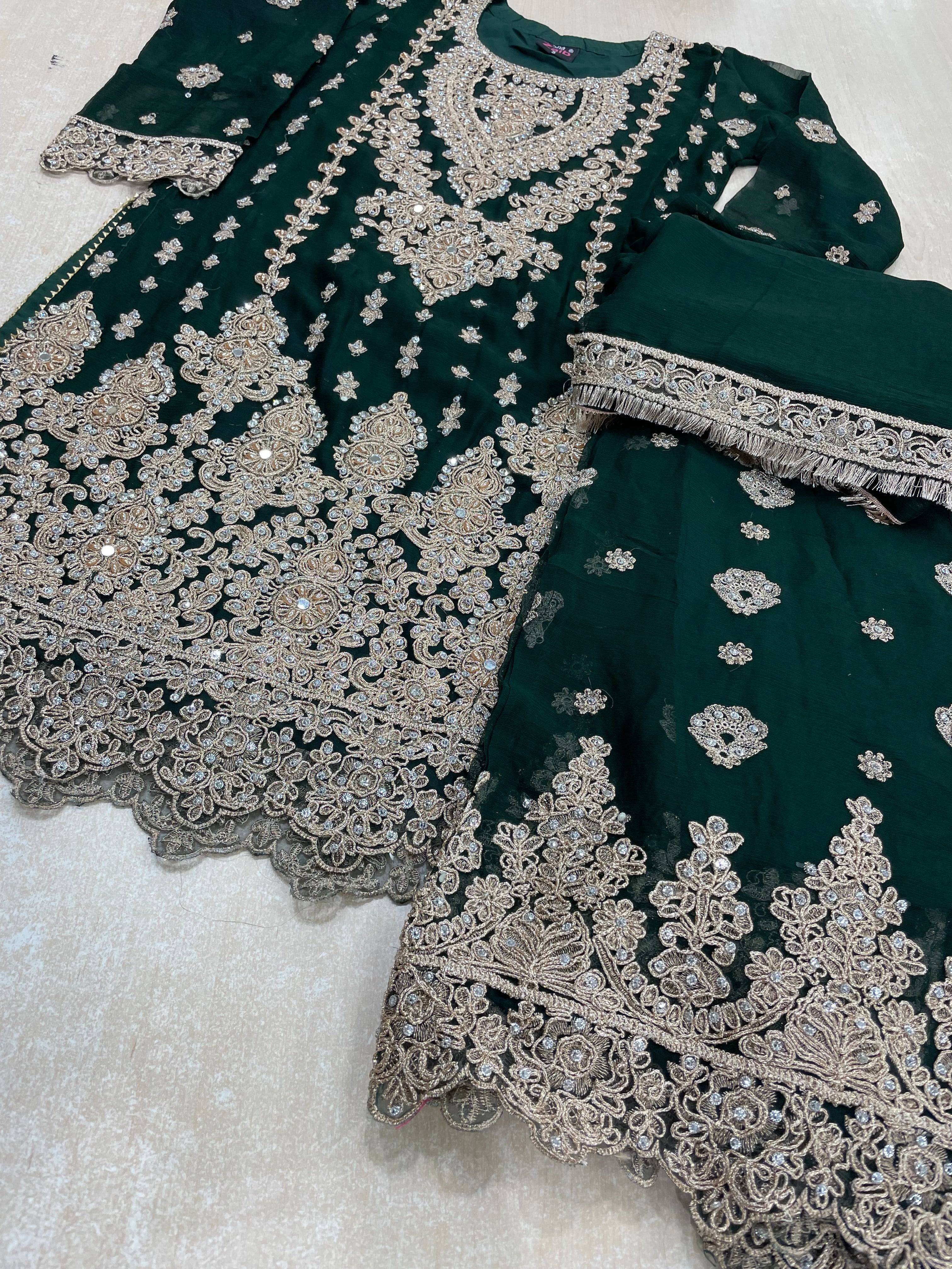 Green embroidered Plazo - Rose Gold Embroidered & Gem work - 3Pcs