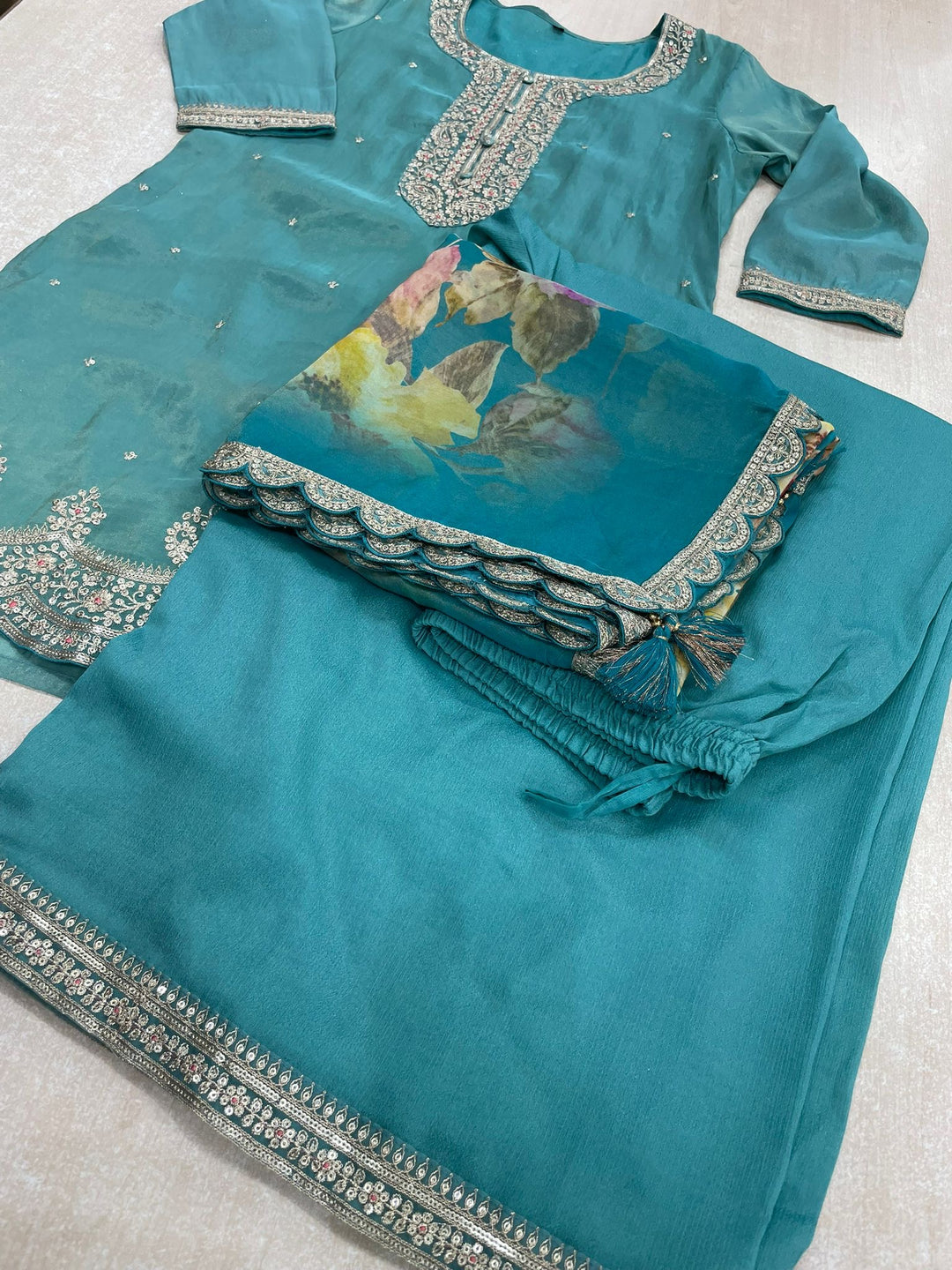Elham – Turquoise Masoori Embroidered Suit Set with Printed Dupatta - 3pcs