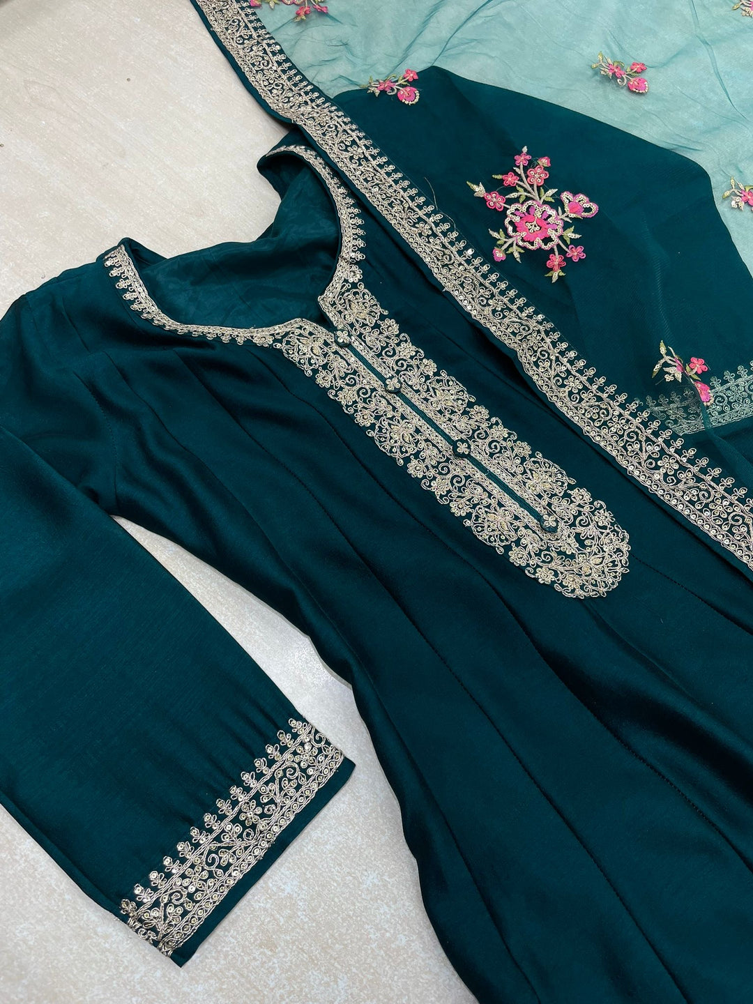 Marwah - Teal Green Embroidered Anarkali with Net Dupatta - 3 Pcs
