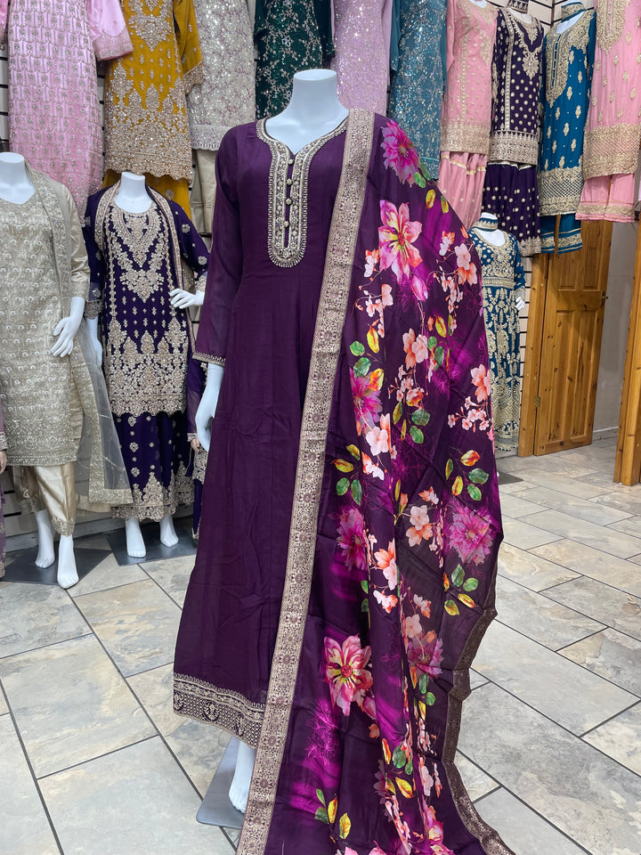 Isra – Purple Bhagalpuri Silk Anarkali with Digital Print Dupatta – 2 Pcs