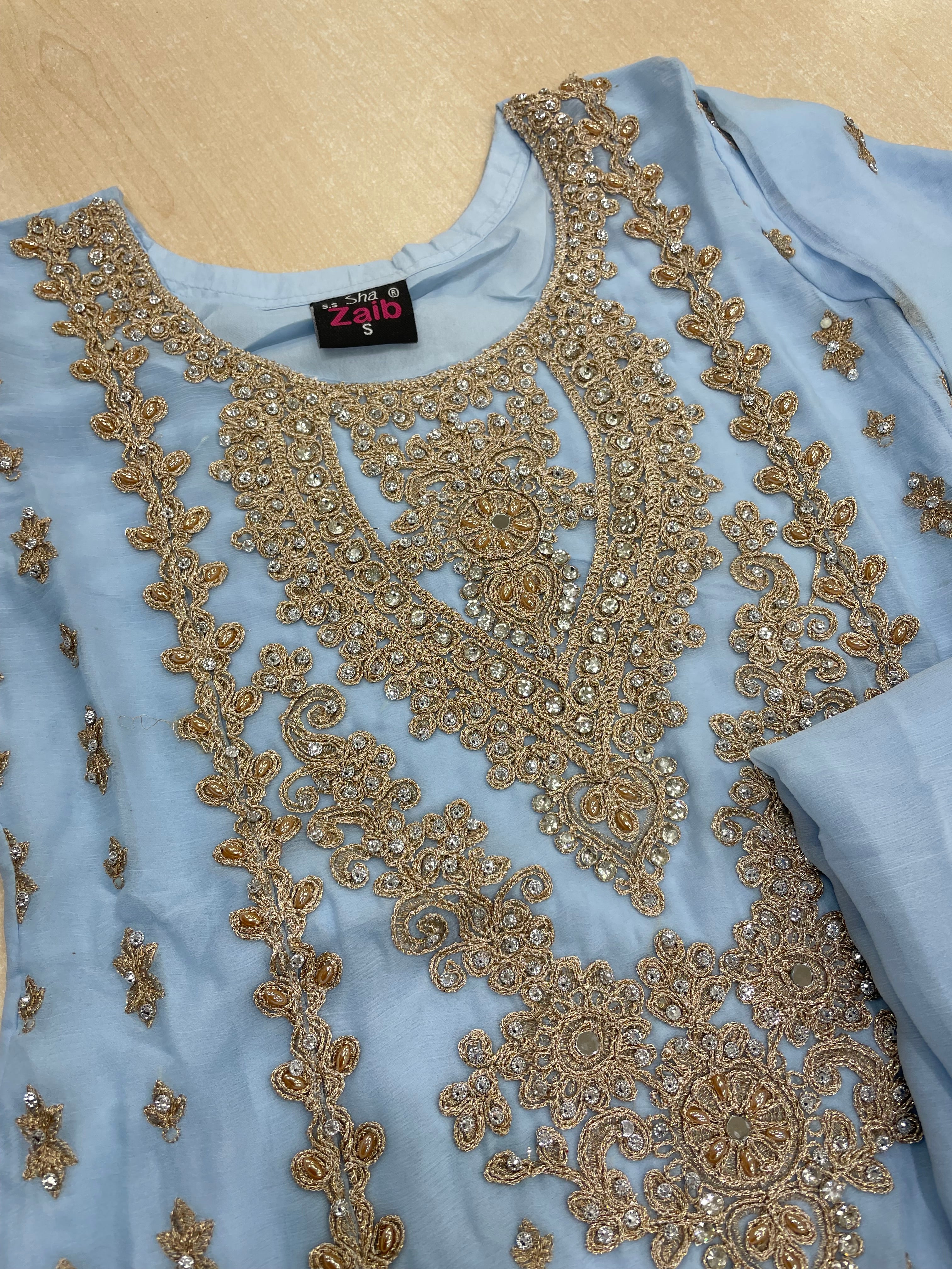 Sky Blue embroidered Plazo - Rose Gold Embroidered & Gem work - 3Pcs