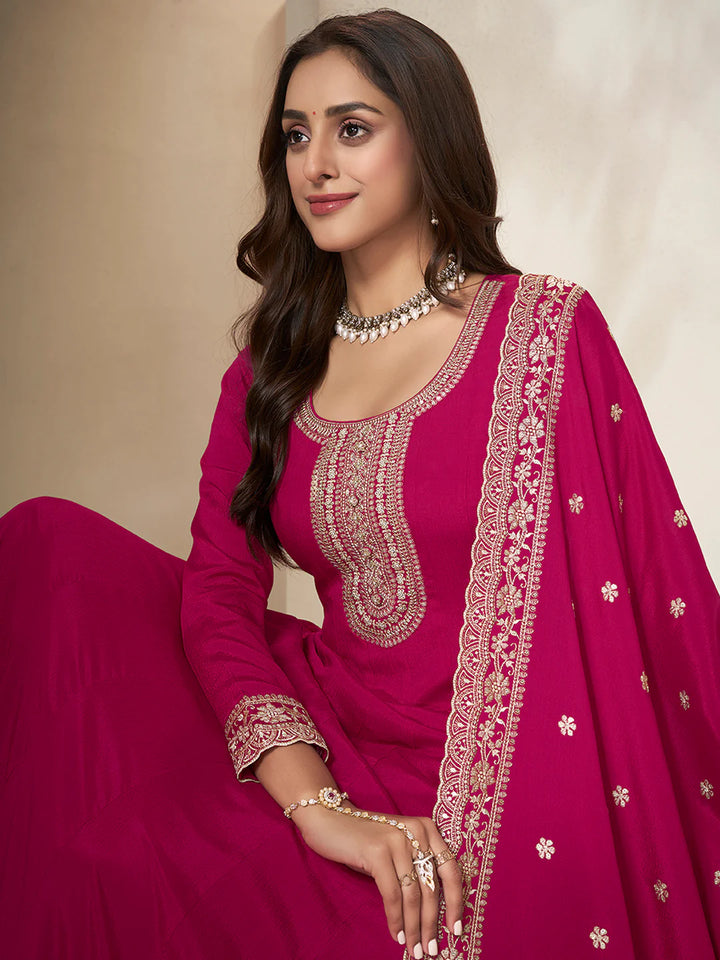 Nureh – Pink Chinon Embroidered Anarkali Suit with Scalloped Dupatta - 2pcs