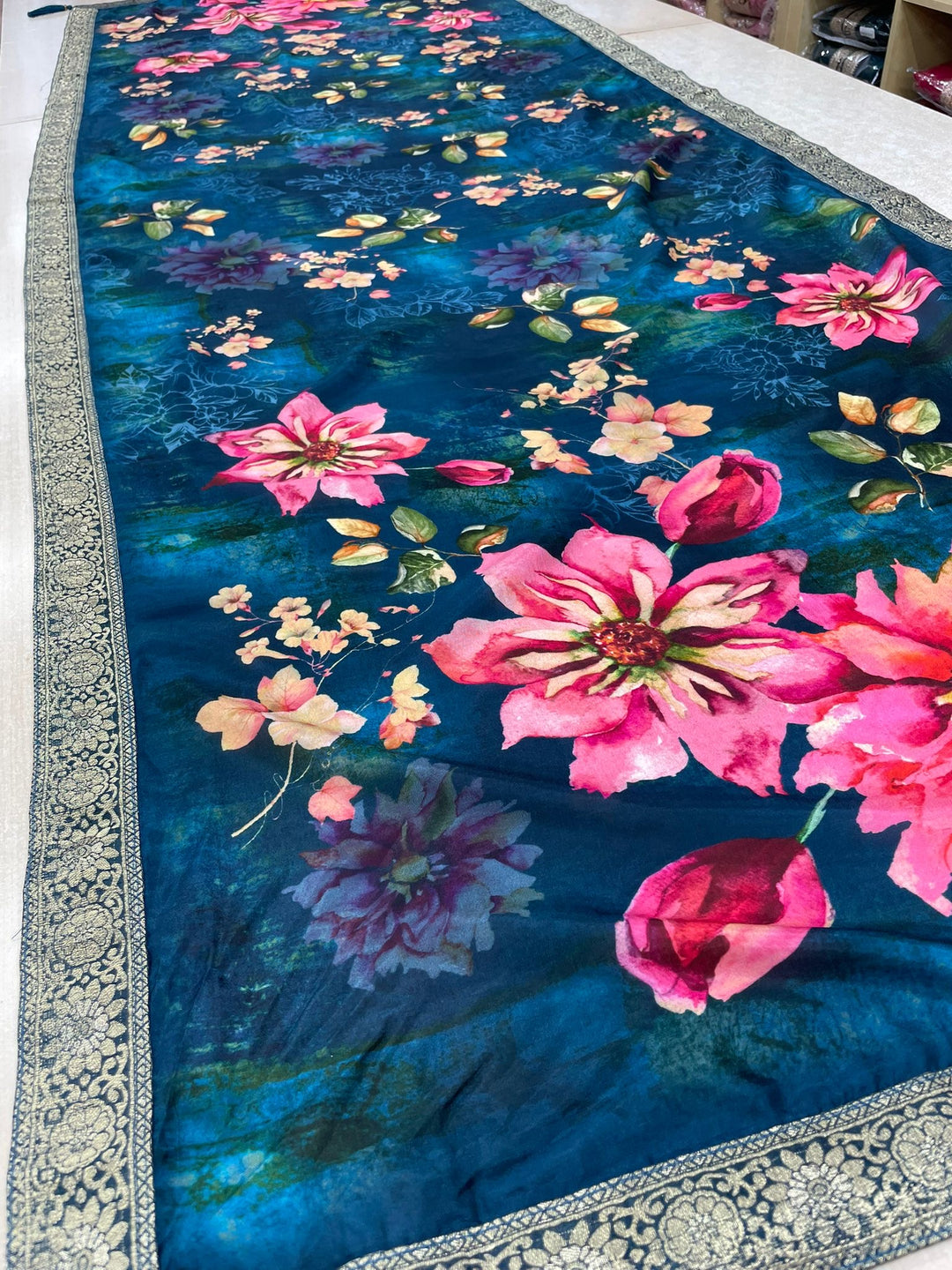 Floral Elegance –  Navy Blue Digital Print Dupatta with Zari Border