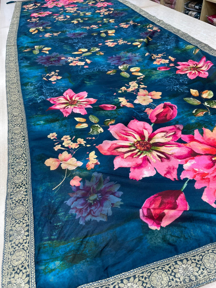 Floral Elegance –  Navy Blue Digital Print Dupatta with Zari Border