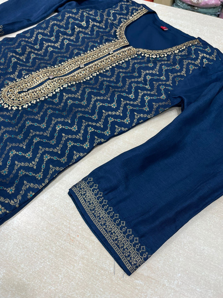 Aleena - Blue Pure Viscose Dola with Embroidery Work & Digital Print Scarf - 3 Pcs