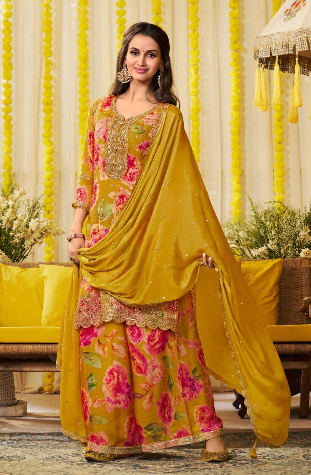 Nura - Mustard - Pure Silk Printed Plazo Kameez with Georgette Dupatta - Co-ord - 3pcs