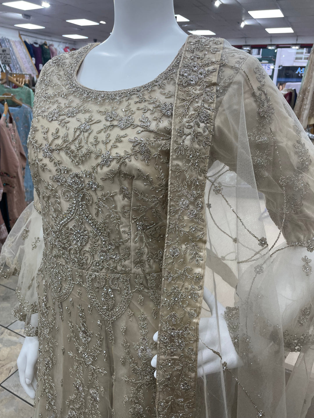 Jannah - Champagne Gold Heavy Embroidered Net Party Gown with Bell Sleeves/White Gold Embroidered - 3pcs