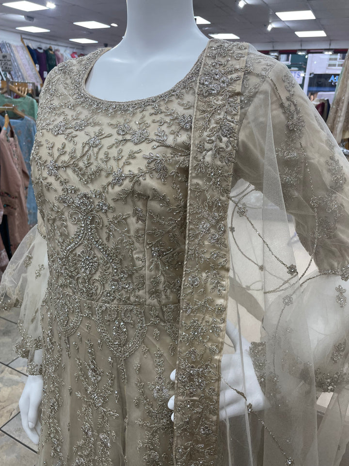 Jannah - Champagne Gold Heavy Embroidered Net Party Gown with Bell Sleeves/White Gold Embroidered - 3pcs